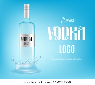 Vodka transparent glass bottle on blue blurred background in advertising banner template realistic vector illustration. Layout for alcoholic beverages branding.