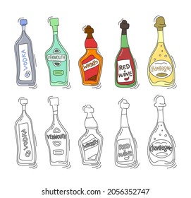 Vodka, vermouth, whiskey, red wine, champagne bottle on white background. Two kinds beverage. Cartoon sketch. Doodle style with black contour line. Colored hand drawn object. Party drinks. Vector.