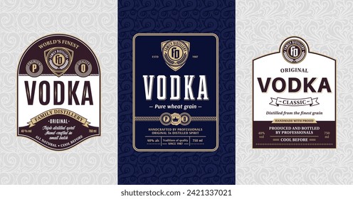 Vodka vintage labels and packaging design templates. Distilling business branding and identity design elements