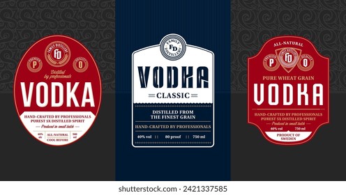 Vodka vintage labels and packaging design templates. Distilling business branding and identity design elements