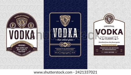 Vodka vintage labels and packaging design templates. Distilling business branding and identity design elements