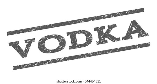 Vodka watermark stamp. Text tag between parallel lines with grunge design style. Rubber seal stamp with dirty texture. Vector grey color ink imprint on a white background.