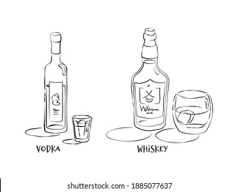 Vodka and whiskey. Bottle and glass in hand drawn style. Restaurant illustration for celebration design. Retro sketch. Line art. Design element. Beverage outline icon. Isolated on white background.
