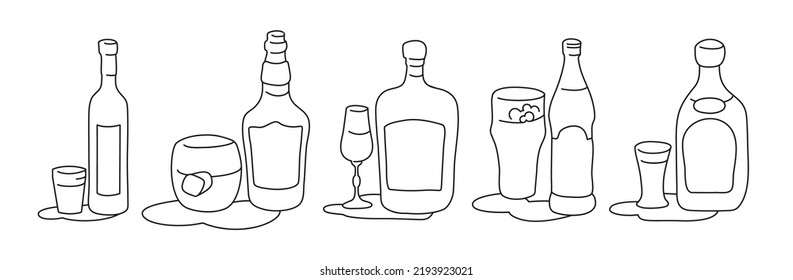 Vodka whiskey liquor beer tequila bottle and glass outline icon on white background. Black white cartoon sketch graphic design. Doodle style. Hand drawn image. Party drinks concept. Freehand drawing