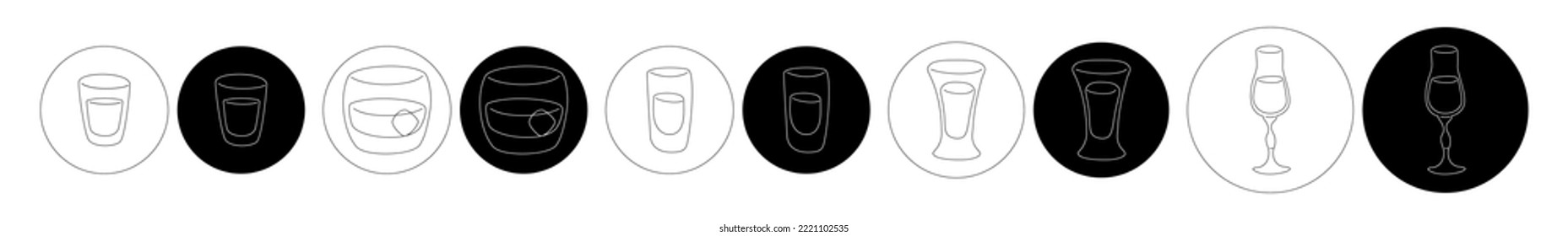 Vodka whiskey rum tequila liquor wineglass in thin lines. Cartoon sketch graphic design. Doodle style. Black white hand drawn image. Party drink concept for restaurant, cafe, party. Freehand drawing.