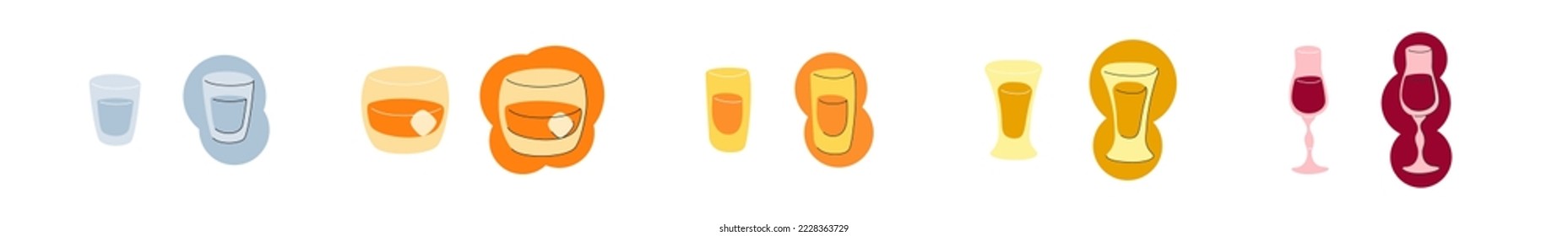 Vodka whiskey rum tequila liquor glass on white background. Cartoon sketch graphic design. Flat style. Conditional colored hand drawn image. Party drink concept for restaurant. Freehand. Two kinds.