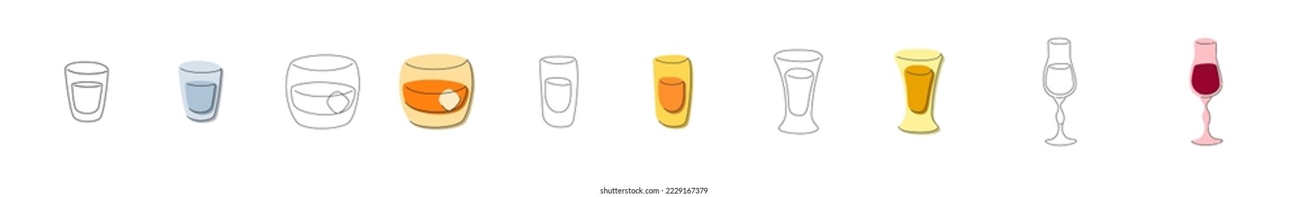 Vodka whiskey rum tequila liquor glass on white background. Cartoon sketch graphic design. Flat style. Colored hand drawn image. Party drink concept for restaurant, cafe, party. Freehand drawing style