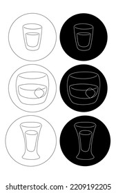 Vodka whiskey tequila glass in thin lines. Cartoon sketch. Doodle style. Black white hand drawn image. Party drink concept for restaurant, cafe, party. Freehand drawing. Two kinds of illustration.