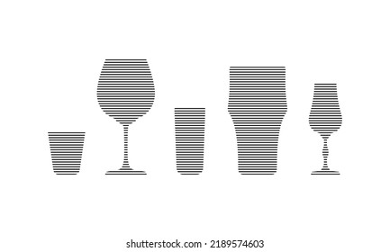 Vodka, wine, rum, beer and liquor glass in minimalist linear style. Silhouette of glassware performed in the form of black thin lines. Three alcohol objects in a row. Isolated image on white backdrop.