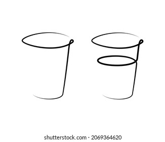 Vodka wineglass empty and with a beverage on white background. Graphic arts sketch design. Black one line drawing style. Hand drawn image. Alcohol drink concept for restaurant, cafe, party. Freehand.
