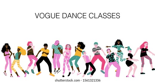 Vogue dance classes poster or web bage banner, dancing people in colorful clothes