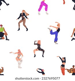 Vogue dance, seamless pattern design. Endless background, fashion modern dancers in sassy poses. Repeating disco print with trendy men, women. Colored flat graphic vector illustration for fabric