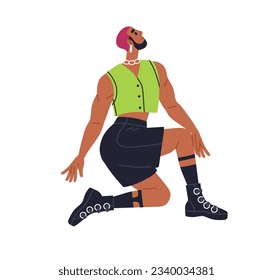 Vogue dancer, performer in pose. Modern sassy sexy man dancing, sitting kneeling position. Fashion trendy funky freaky guy during performance. Flat vector illustration isolated on white background