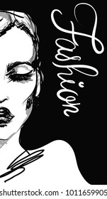 vogue graphic woman portrait with black gloss lips and slogan fashion. fashion vector illustration . poster