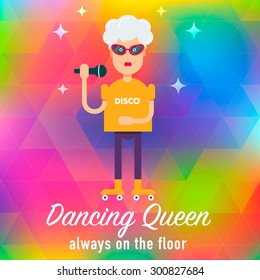 In vogue modern grandmother on the roller skate signing karaoke at the disco. Fully editable vector illustration. Perfect use for informational cards, posters, flayers.
