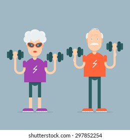 In vogue modern grandparents with the dumbbells in their hands doing fitness exercises. Fully editable vector illustration. Perfect use for informational cards, posters, flayers.
