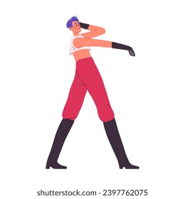 Vogue style performance. Happy dancer performs contemporary dance. Young man in gloves moves arms by modern music. Stylish guy in high boots on party. Flat isolated vector illustration on white