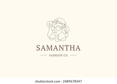 Vogue woman botanical face continuous line logo design template vector illustration. Fashion female in sunglasses and flower hat outline logotype beauty salon stylist designer studio coiffure brand