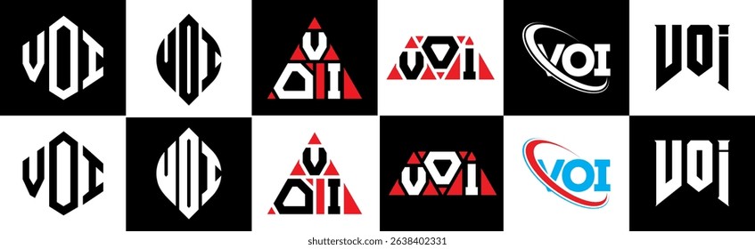 VOH letter logo design in six style. VOH polygon, circle, triangle, hexagon, flat and simple style with black and white color variation letter logo set in one artboard. VOH minimalist and classic logo