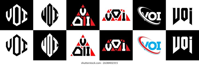 VOI letter logo design in six style. VOI polygon, circle, triangle, hexagon, flat and simple style with black and white color variation letter logo set in one artboard. VOI minimalist and classic logo