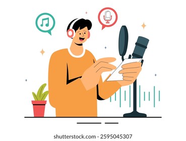 Voice Acting Vector Illustration featuring a Movie Production Cast Member Performing Voice Acting for a Film Scene, Dubbing a Film, or a TV Series