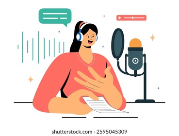 Voice Acting Vector Illustration featuring a Movie Production Cast Member Performing Voice Acting for a Film Scene, Dubbing a Film, or a TV Series