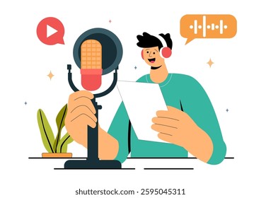 Voice Acting Vector Illustration featuring a Movie Production Cast Member Performing Voice Acting for a Film Scene, Dubbing a Film, or a TV Series