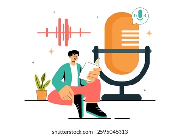 Voice Acting Vector Illustration featuring a Movie Production Cast Member Performing Voice Acting for a Film Scene, Dubbing a Film, or a TV Series