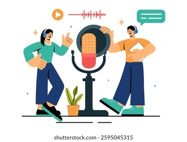 Voice Acting Vector Illustration featuring a Movie Production Cast Member Performing Voice Acting for a Film Scene, Dubbing a Film, or a TV Series