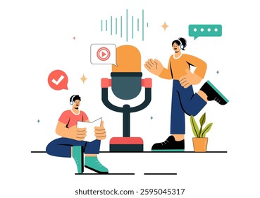 Voice Acting Vector Illustration featuring a Movie Production Cast Member Performing Voice Acting for a Film Scene, Dubbing a Film, or a TV Series