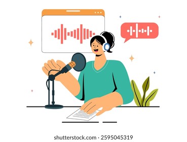 Voice Acting Vector Illustration featuring a Movie Production Cast Member Performing Voice Acting for a Film Scene, Dubbing a Film, or a TV Series