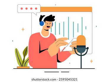 Voice Acting Vector Illustration featuring a Movie Production Cast Member Performing Voice Acting for a Film Scene, Dubbing a Film, or a TV Series