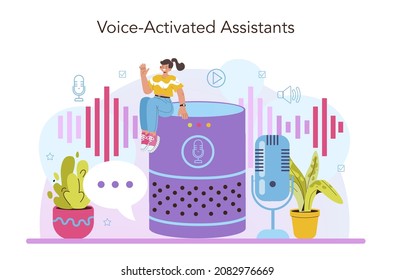 Voice activated assistant. Modern smart home device. Automation system, ai speaker. Flat vector illustration
