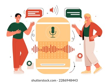 Voice activated smart. Man and woman near device, speaker or telephone. Modern technologies or innovations. Assistant and helper.