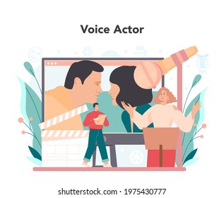 Voice actor and actress concept. Movie production cast member. Voice acting performance for film scene with a special equipment. Modern creative profession. Vector flat illustration