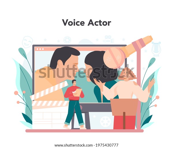 Voice actor\
and actress concept. Movie production cast member. Voice acting\
performance for film scene with a special equipment. Modern\
creative profession. Vector flat\
illustration