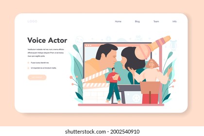 Voice actor and actress web banner or landing page. Movie production cast member. Voice acting performance for film scene with a special equipment. Modern creative profession. Vector flat illustration