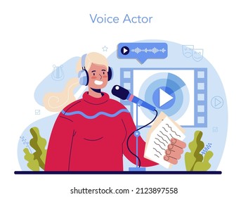 Voice actor concept. Actor dubbing or voicing over a cartoon, movie or series. Character talking through the microphone at the studio. Flat vector illustration