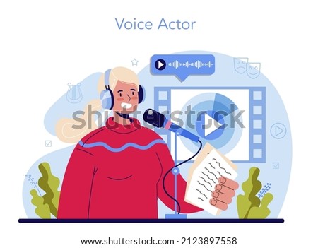 Voice actor concept. Actor dubbing or voicing over a cartoon, movie or series. Character talking through the microphone at the studio. Flat vector illustration