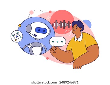 Voice assistance with audio recognition function. Vector flat chatbot virtual personal helper based on artificial intelligence. Application for phones and laptops for work