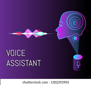 Voice assistance vector concept illustration with smart speaker voice assistant and voice sound recognizer help service business smartphone chatbot technology. Gradient style. 