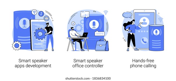 Voice assistant abstract concept vector illustration set. Smart speaker apps development, office controller, hands-free phone calling, internet of things, voice command software abstract metaphor.