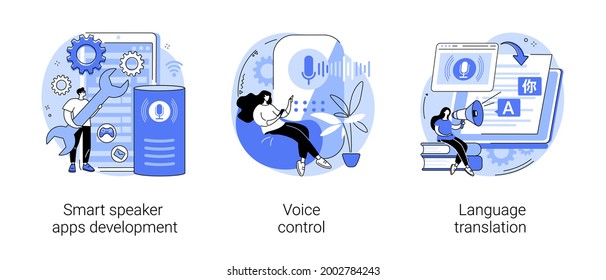 Voice assistant abstract concept vector illustration set. Smart speaker apps development, voice control, language translation, speech recognition software technology, hands-free abstract metaphor.