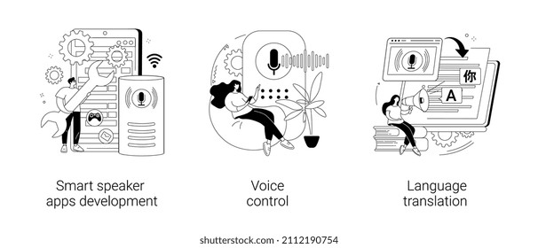 Voice Assistant Abstract Concept Vector Illustration Set. Smart Speaker Apps Development, Voice Control, Language Translation, Speech Recognition Software Technology, Hands-free Abstract Metaphor.