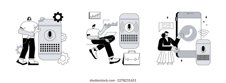 Voice assistant abstract concept vector illustration set. Smart speaker apps development, office controller, hands-free phone calling, internet of things, voice command software abstract metaphor.