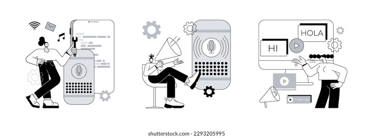 Voice assistant abstract concept vector illustration set. Smart speaker apps development, voice control, language translation, speech recognition software technology, hands-free abstract metaphor.