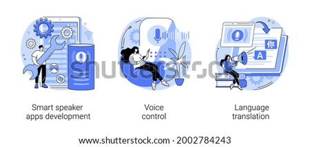 Vector Voice assistant abstract concept vector illustration set. Smart speaker apps development, voice control, language translation, speech recognition software technology, hands-free abstract metaphor.