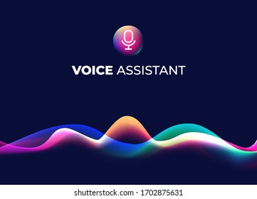 Voice Assistant AI Concept Page. Personal Mobile Voice Recognition, Abstract Sound Waves. Microphone Icon And Neon Music Equalizer. Smart Home Ui Element. Speaking Waveform, Vector Gradient Flow.