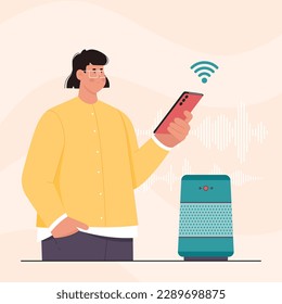 Voice assistant, AI technology vector illustration. Cartoon man holding mobile phone to connect with smart speaker, person using application to control device with service of virtual commands