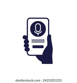 voice assistant app icon, smart phone in hand on white
